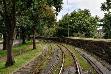 Obraz premium Curving tram tracks meander through verdant trees and lush grass along a quiet street in Leith capturing a peaceful moment in an urban landscape. Soft clouds float in the clear sky.