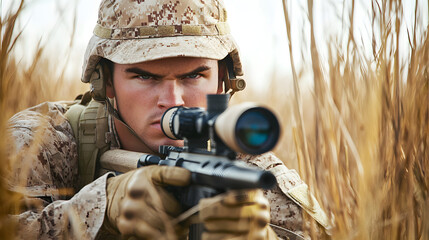 A Marine sniper adjusting his scope while concealed in tall grass.