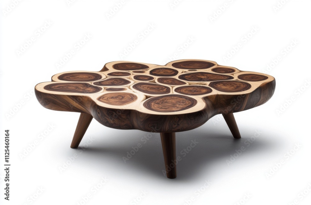 Aufkleber a coffee table made of walnut, with circular wood slabs arranged in an organic pattern on the top su