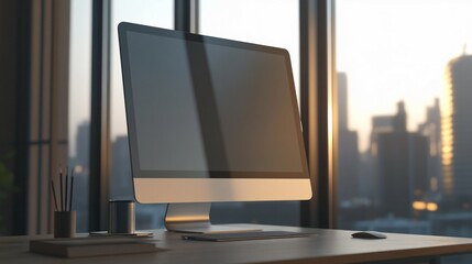 Fototapeta premium Modern Desktop Computer in City Office Setting at Sunset