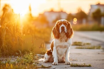 Welsh springer spaniel sits calmly on a path surrounded by lush greenery basking in the warm glow of the evening sun while enjoying the peaceful atmosphere.