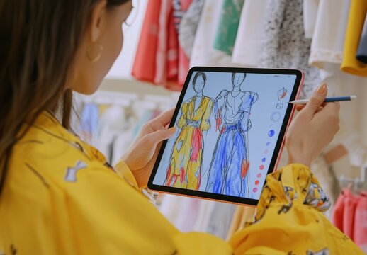 A fashion designer draws on a digital tablet, sketching colourful sketches of his latest collection in a design studio. In front of them is a rack of fashionable dresses hanging on it.