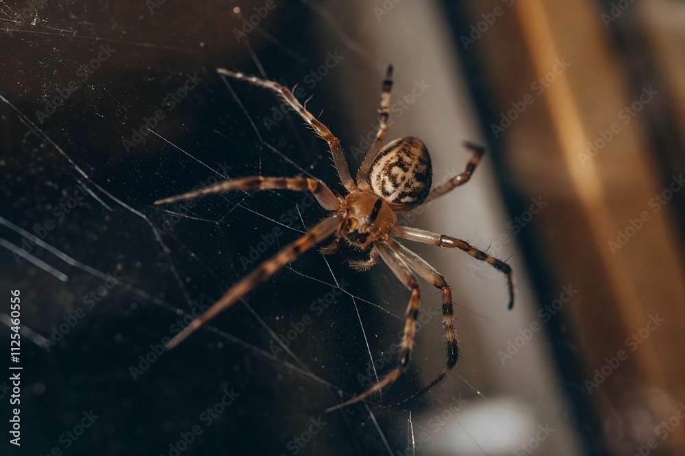 Wall mural close up image of a spider intricately weaved within its web