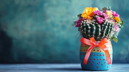 Colorful Cactus Arrangement in Vibrant Pot with Flowers and Ribbon