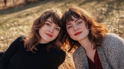 Fototapeta premium Two women enjoying a quiet Valentine’s Day picnic in a serene park, sitting close together with heartfelt expressions. The peaceful natural backdrop, highlighting love and connection