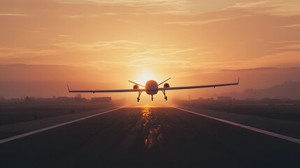 A military drone taking off from a base runway at sunrise.