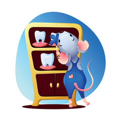 Mouse in blue overalls, wiping dust from children milk teeth on the shelves
