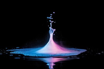 Fototapeta premium Ink drop in water, motion color explosion smoke, blue pink liquid color, steam cloud splash on shiny dust texture, black abstract art background. 