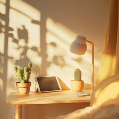 A cozy and minimal bedroom workspace setup with modern design and mockup-ready simplicity