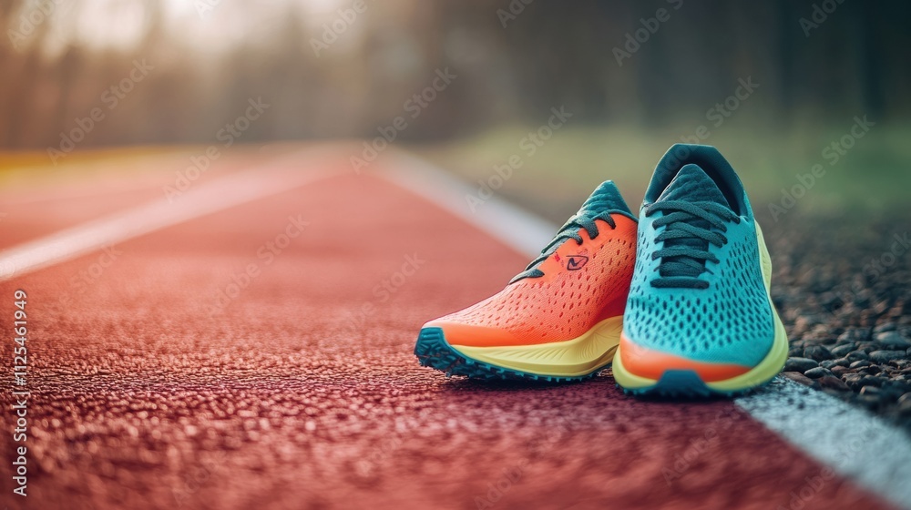 Leinwandbilder a colorful pair of running shoes sits on a track, illuminated by warm natural light, ready for an in
