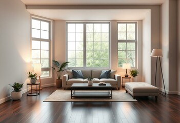 Fototapeta premium Modern living room with minimalist furniture and calming color palette