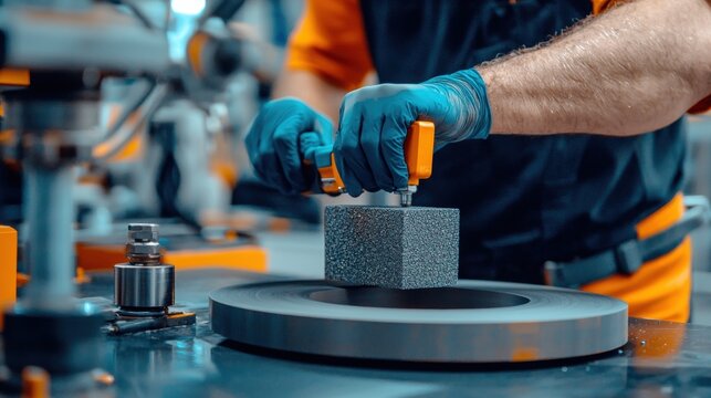 Researcher testing abrasives performance in industrial laboratory materials science hands-on experimentation environment