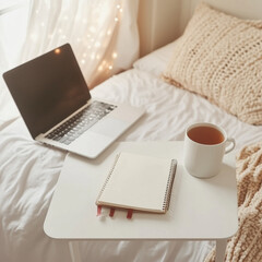 A bright and inviting Ikea-inspired bedroom workspace, perfect for mockup designs and content creation