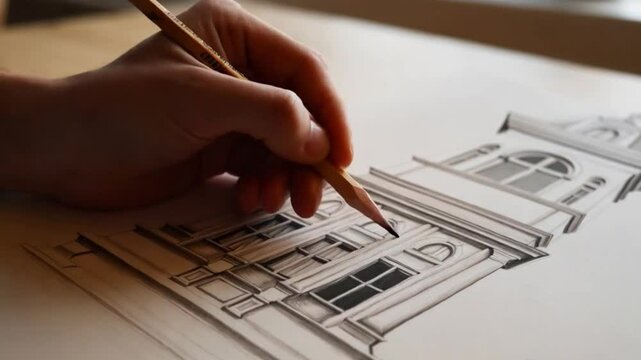 Hand-drawn architectural facade sketch, highlighting intricate design elements and conceptual creativity.