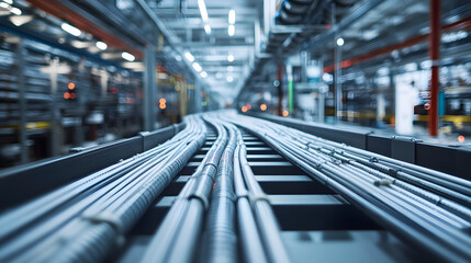 A neatly organized cable tray filled with snow-colored wires in a modern industrial setting.