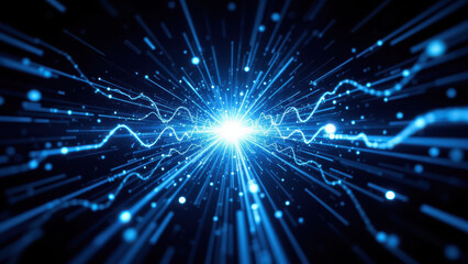 Naklejka premium An artistic visual representation of a neural network or generative AI process, showcasing the concept of RAG (Retrieval Augmented Generation) with dynamic blue particle effects.