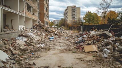 Urban scene of destruction with rubble and debris in a cityscape