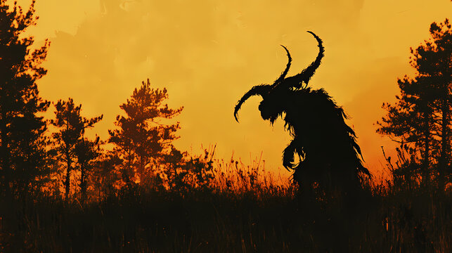 Haunting silhouette of the legendary jersey devil lurking in the pine barrens. Enigma. Illustration