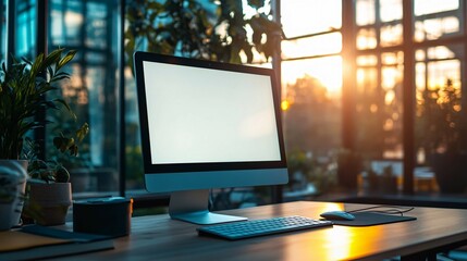 Fototapeta premium Modern Computer Setup In A Sunlit Office Space