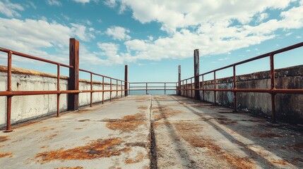 Fototapeta premium Abandoned Lookout Point Overlooking Calm Ocean Under Blue Sky