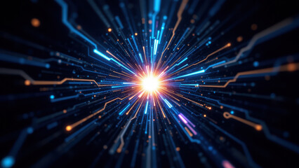 Naklejka premium A vibrant digital space showcasing a galaxy-like representation with bright lights and energy lines, symbolizing RAG (Retrieval Augmented Generation).