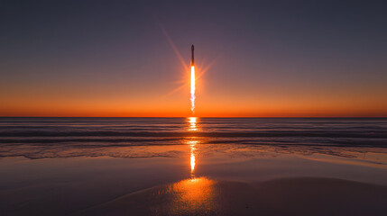 A peaceful sunset scene of a rocket launch over the ocean with the exhaust plume reflecting on the water.