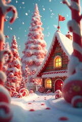 A whimsical winter village with candy cane houses, snow-covered trees, and twinkling lights