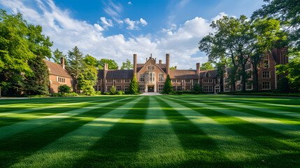 A picturesque American college quad with green lawns and historic brick buildings.