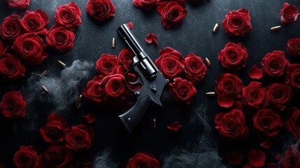 A black revolver lies on a dark surface surrounded by scattered red roses, bullets, and wisps of smoke