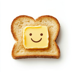 A slice of toasted bread topped with a smiley face butter pat, creating a cheerful breakfast vibe against a white background.