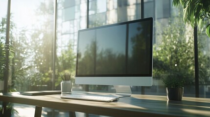 Fototapeta premium Modern Computer Workspace Near Sunlit Window Plants