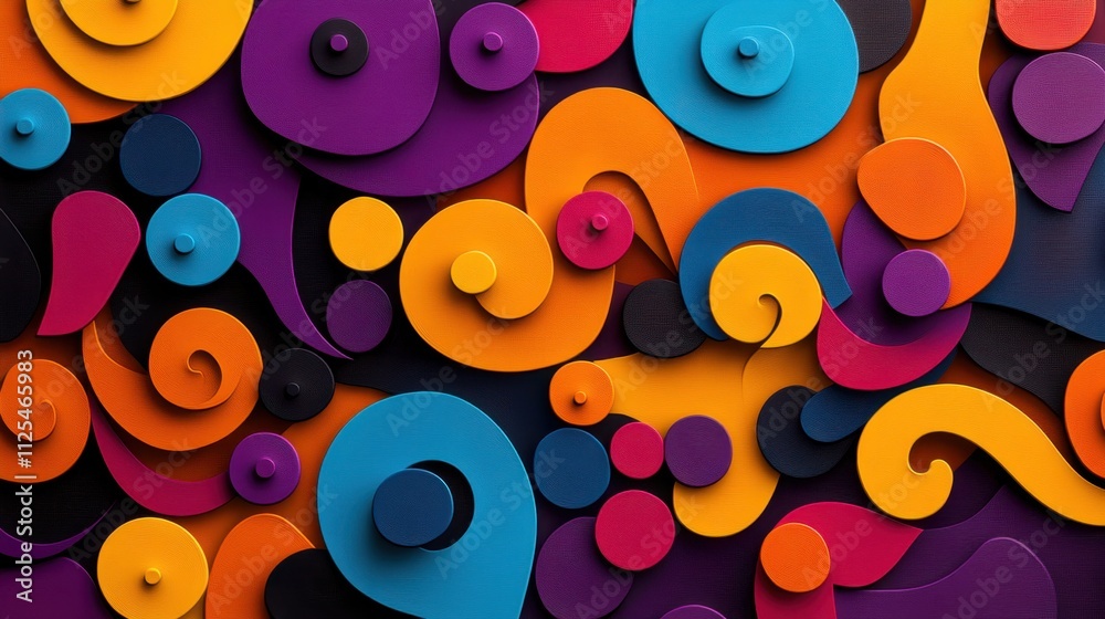 Poster vibrant abstract pattern of colorful shapes, primarily circles and swirls, creating a dynamic and pl