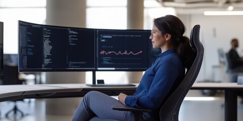 A woman sits in front of two computer monitors, one of which is displaying a graph. She is focused on her work, possibly analyzing data or working on a project