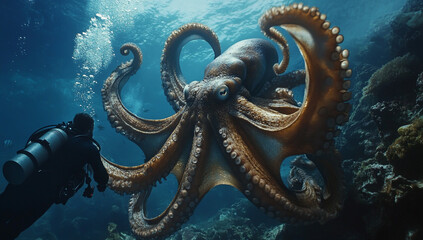 A massive octopus is swimming underwater, with a diver on the left side of it, a screenshot from a movie,