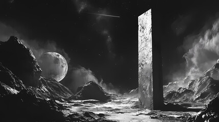 Obraz premium Mysterious lunar monolith emitting signals into the vast cosmic expanse. Enigma. Illustration