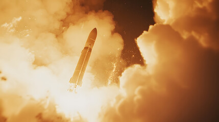 A powerful rocket igniting its engines on the launchpad creating a wave of intense flames and white-hot smoke.