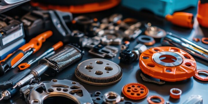 Closeup of auto ancillary parts like brake pads in a workshop setting industrial environment detailed viewpoint