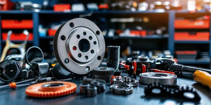 Closeup of auto ancillary parts workshop product photography industrial environment detailed view mechanics