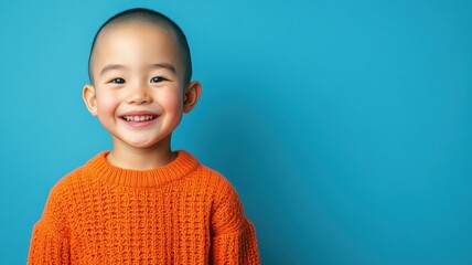 Happy young Asian boy with a shaved head wearing a bright orange sweater standing against a solid blue background