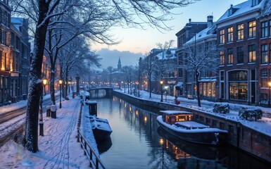 Fototapeta premium Snowy canal landscape with warm lights and historic buildings at dusk