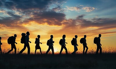 Sunset Hikers: Silhouettes of a group of hikers walking in a line at sunset.  A powerful image representing teamwork, adventure, and the journey towards a common goal.