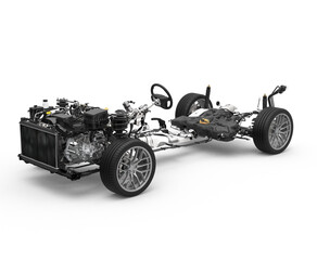 Vehicle drivetrain and powertrain on transparent background. Front wheel drive and powertrain....