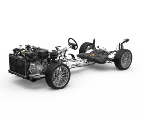 Vehicle drivetrain and powertrain on transparent background. Front wheel drive and powertrain. Automotive industry.