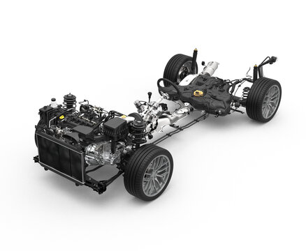 Vehicle drivetrain and powertrain on transparent background. Front wheel drive and powertrain. Automotive industry.