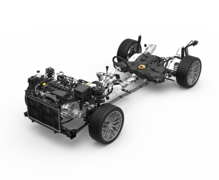 Vehicle drivetrain and powertrain on transparent background. Front wheel drive and powertrain. Automotive industry.