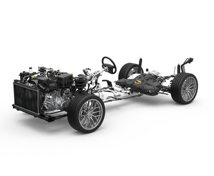 Vehicle drivetrain and powertrain on transparent background. Front wheel drive and powertrain. Automotive industry.
