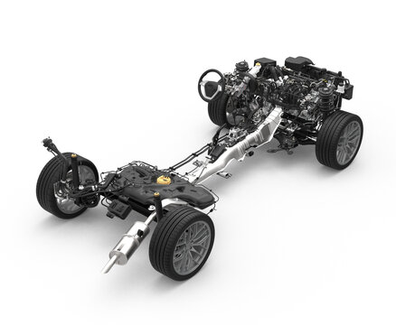 Vehicle drivetrain and powertrain on transparent background. Front wheel drive and powertrain. Automotive industry.