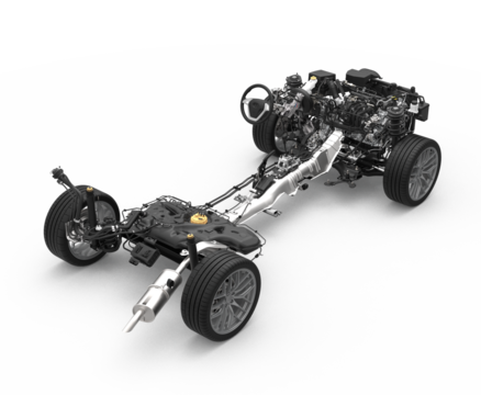 Vehicle drivetrain and powertrain on transparent background. Front wheel drive and powertrain. Automotive industry.