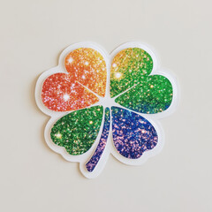 A vibrant four-leaf clover with a glittering rainbow pattern, symbolizing luck and diversity against a plain background.