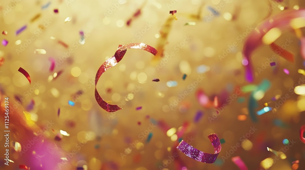 Poster falling confetti and curling ribbons create a vibrant and festive new year vibe against a shimmering